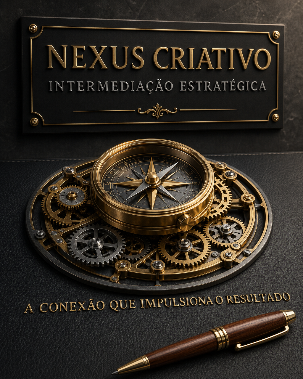 Identidade visual da Nexus Criativo com bússola e engrenagens douradas sobre superfície escura